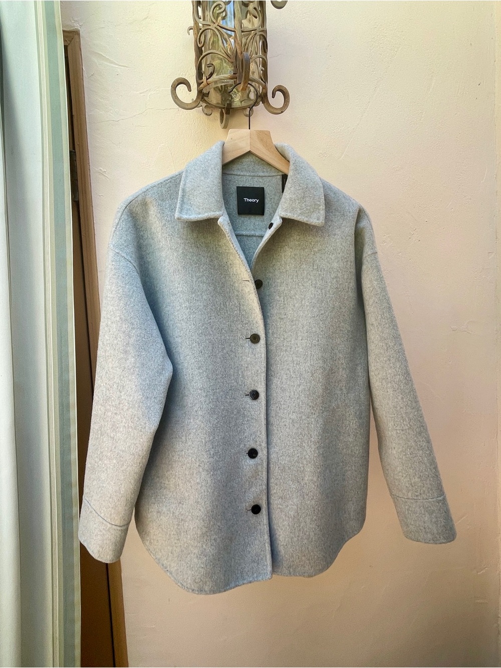 Theory Light Gray Wool-Blend Pea Coat with Button Front